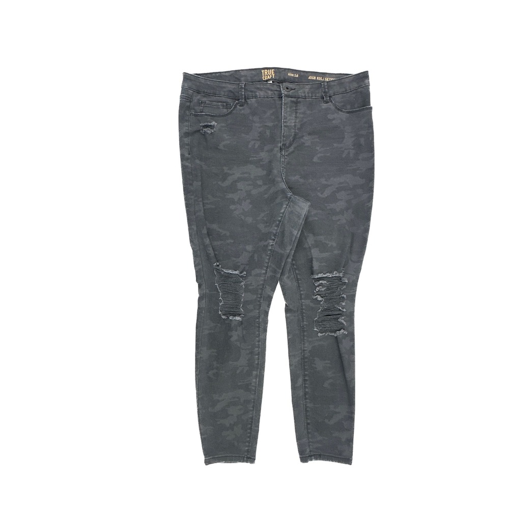 True Craft Womens High Rise Skinny Jeans Black Camo Distressed‎ Size 18